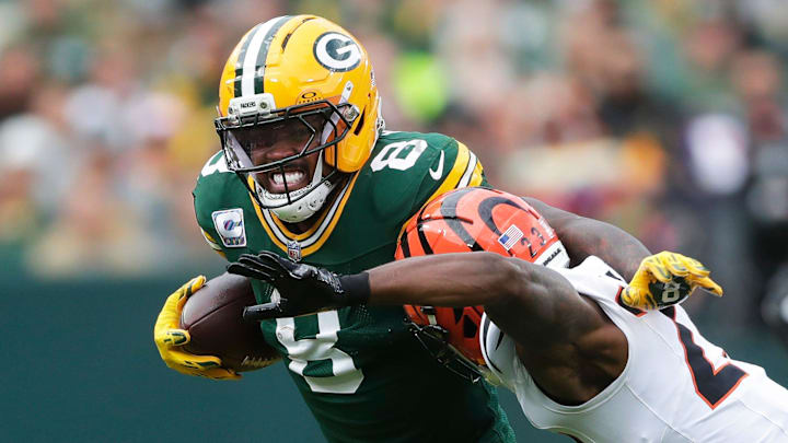 Green Bay Packers running back Josh Jacobs (8) runs the ball during a game against the Cincinnati Bengals on Oct. 12, 2025, at Lambeau Field in Green Bay, Wis. The Packers defeated the Bengals 27-18. Green Bay Packers running back Josh Jacobs (8) runs the ball during a game against the Cincinnati Bengals on Oct. 12, 2025, at Lambeau Field in Green Bay, Wis. The Packers defeated the Bengals 27-18.