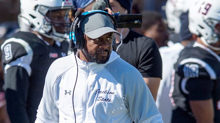 Jackson State University's Gary Harrell coaches in place of head coach Deion Sanders during their game against Texas Southern University at Mississippi Veterans Memorial Stadium in Jackson, Miss., Saturday, Nov. 6, 2021.

Tcl Jsu Vs Texas Southern14