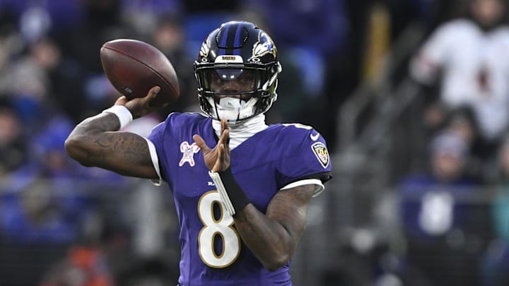 Dec 21, 2024; Baltimore, Maryland, USA;  Baltimore Ravens quarterback Lamar Jackson (8) throws during the first half against the Pittsburgh Steelers at M&T Bank Stadium. Mandatory Credit: Tommy Gilligan-Imagn Images