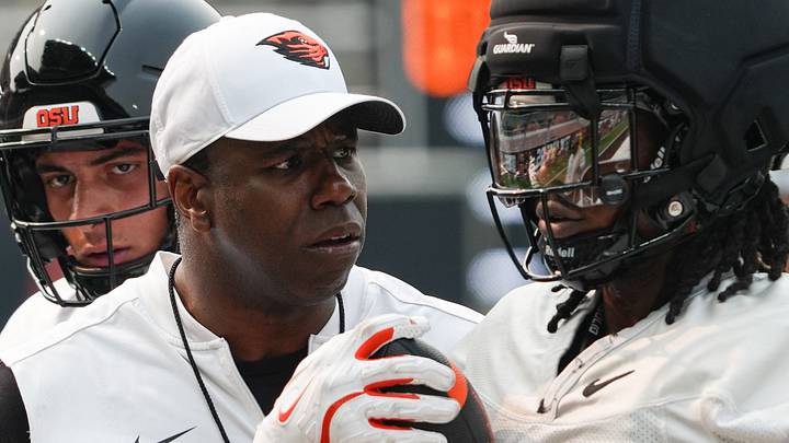 Oregon State head coach JaMarcus Shephard, left, talks to AJ Newberry during fall camp at Reser Stadium on Wednesday, Aug. 5, 2025, in Corvallis, Oregon. Oregon State head coach JaMarcus Shephard, left, talks to AJ Newberry during fall camp at Reser Stadium on Wednesday, Aug. 5, 2025, in Corvallis, Oregon.