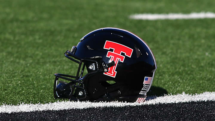 Oct 29, 2022; Lubbock, Texas, USA;  A general view of a Texas Tech Red Raiders helmet on the field before the game against the Baylor Bears at Jones AT&T Stadium and Cody Campbell Field. Mandatory Credit: Michael C. Johnson-Imagn Images