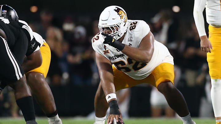 Sep 6, 2025; Starkville, Mississippi, USA; Arizona State Sun Devils offensive lineman Ben Coleman (62) waits to snap the ball during the second quarter against the Mississippi State Bulldogs at Davis Wade Stadium at Scott Field. Mandatory Credit: Petre Thomas-Imagn Images