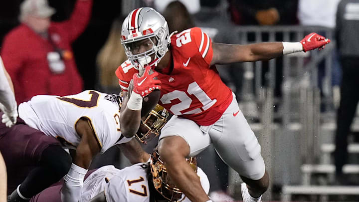 Nov 18, 2023; Columbus, Ohio, USA; Ohio State Buckeyes running back Evan Pryor (21) runs during the