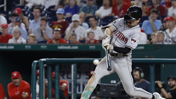 Arizona Diamondbacks outfielder Corbin Carroll (7) singles against the Washington Nationals during the ninth inning at Nationals Park on June 18.