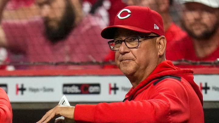 Cincinnati Reds manager Terry Francona (77) looks on from the dugout in the ninth inning of the MLB National League Central game between the Cincinnati Reds and the Milwaukee Brewers at Great American Ball Park in downtown Cincinnati on Monday, June 22, 2026. The Brewers won, 2-1, in 10 innings.