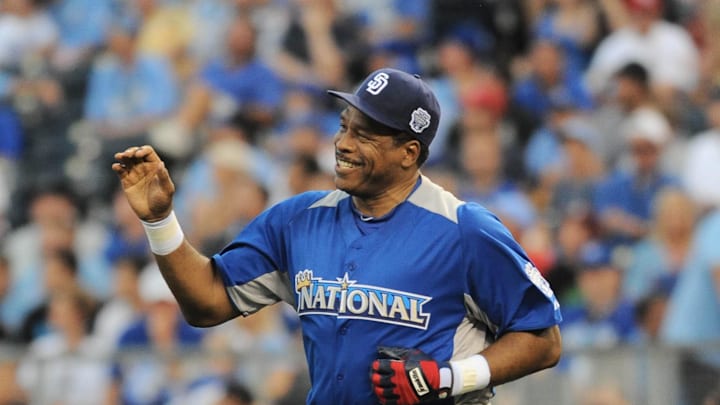 July 8, 2012; Kansas City, MO, USA; San Diego Padres former player Dave Winfield reacts during the 2012 Legends and Celebrity softball game at Kauffman Stadium.  Mandatory Credit: Denny Medley-Imagn Images