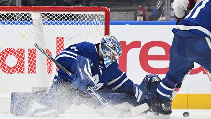 Mar 15, 2025; Toronto, Ontario, CAN;  Toronto Maple Leafs goalie Anthony Stolarz (41) makes a save against the Ottawa Senators in the third period at Scotiabank Arena. Mandatory Credit: Dan Hamilton-Imagn Images