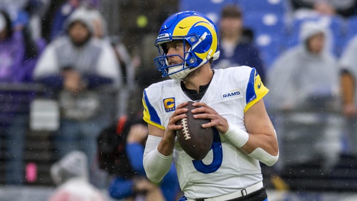 Dec 10, 2023; Baltimore, Maryland, USA;  Los Angeles Rams quarterback Matthew Stafford (9) looks to