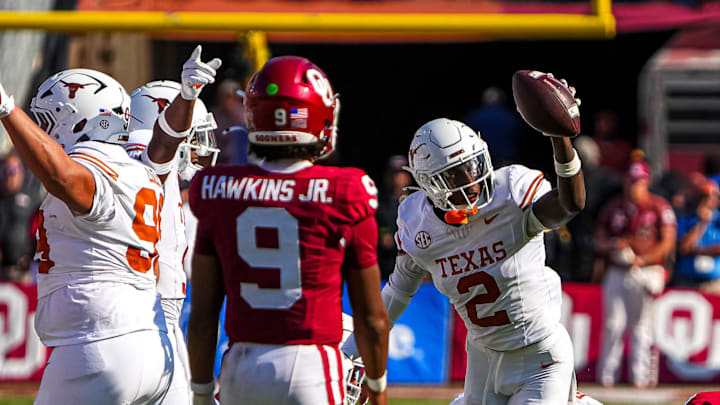 Texas Longhorns devensive back Derek Williams Jr. (2) celebrates a fumble recovery during the Red River Rivalry game against Oklahoma at the Cotton Bowl on Saturday, Oct. 12, 2024 in Dallas, Texas.