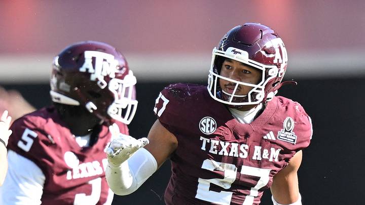 Texas A&M Aggies linebacker Daymion Sanford (27) reacts after recovering a fumble against the Miami Hurricanes during the second half of the first round game of the CFP National Playoff at Kyle Field. Texas A&M Aggies linebacker Daymion Sanford (27) reacts after recovering a fumble against the Miami Hurricanes during the second half of the first round game of the CFP National Playoff at Kyle Field.