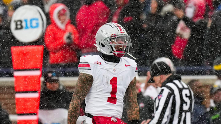 Ohio State Buckeyes wide receiver Brandon Inniss (1) celebrates in the second half of the NCAA football game against the Michigan Wolverines at Michigan Stadium on Saturday, Nov. 29, 2025 in Ann Arbor, Michigan.