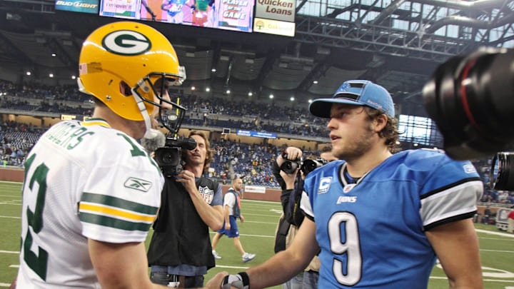 Green Bay Packers#12 Aaron Rodgers greet Detroit Lions quarterback #9 Matthew Stafford during the NFL Thanksgiving day game between the Green Bay Packers-Detroit Lions at Ford Field, Thursday, November 24, 2011. Photo by Rick Wood/RWOOD@JOURNALSENTINEL.COM