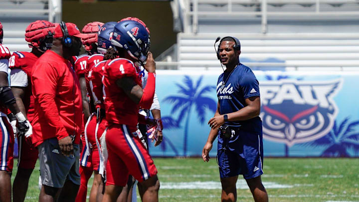 Co-Defensive Coordinator Brandon Harris during the Spring Game at FAU Stadium on Saturday, April 13, 2024, in Boca Raton, FL. Co-Defensive Coordinator Brandon Harris during the Spring Game at FAU Stadium on Saturday, April 13, 2024, in Boca Raton, FL.