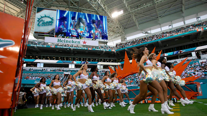 Miami Dolphins cheerleaders before the start of the game against the Cleveland Browns during NFL