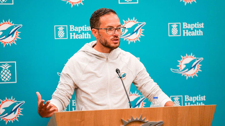 Miami Dolphins head coach Mike McDaniel speaks to the media before training camp at Baptist Health