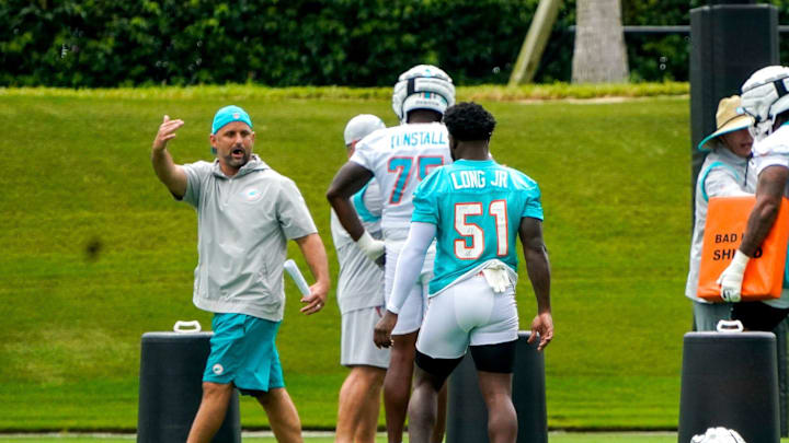 Miami Dolphins linebacker David Long Jr. (51) participates in training camp at Baptist Health