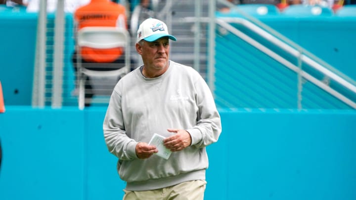 Miami Dolphins defensive coordinator Vic Fangio
watches the defense during the scrimmage at Hard