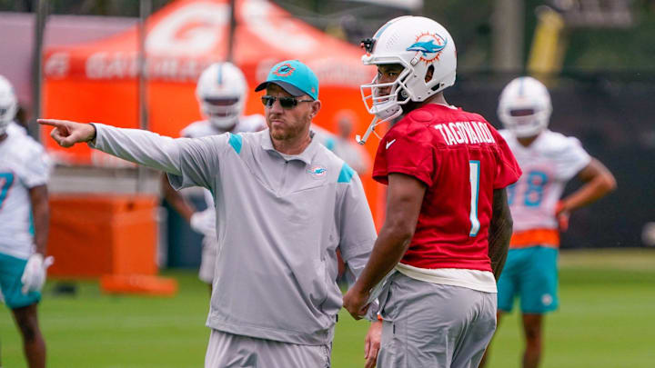 Miami Dolphins quarterback Tua Tagovailoa (1) participates in training camp at Baptist Health