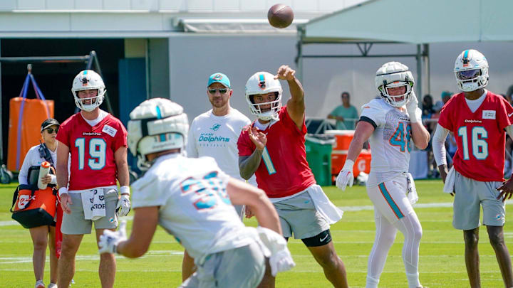 Miami Dolphins quarterback Tua Tagovailoa (1) participates at training camp at Baptist Health Training Complex, Sunday, July 30, 2023 in Miami Gardens.