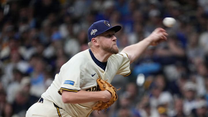 Milwaukee Brewers pitcher Jared Koenig (47) pitches during the seventh inning of the National League Division Series game at American Family Field in Milwaukee, Wisconsin on Oct. 6, 2025.