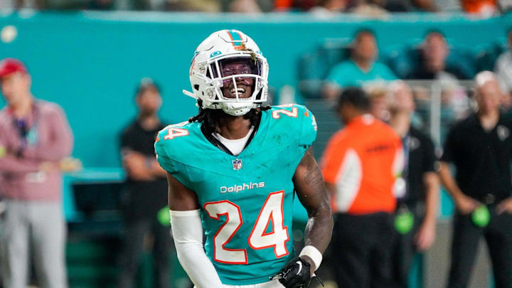 Miami Dolphins cornerback Cam Smith (24) grimaces during the fourth quarter of a preseason game at Hard Rock Stadium on Friday, August 11, 2023, in Miami Gardens, FL. Miami Dolphins cornerback Cam Smith (24) grimaces during the fourth quarter of a preseason game at Hard Rock Stadium on Friday, August 11, 2023, in Miami Gardens, FL.
