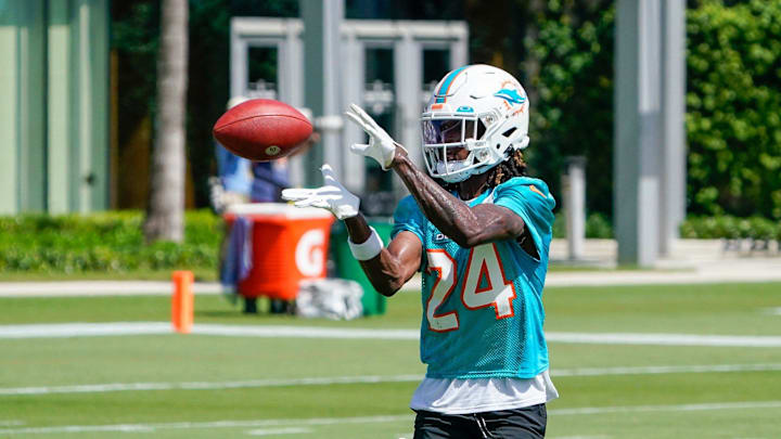 Miami Dolphins cornerback Cam Smith (24) participates at training camp at Baptist Health Training Complex, Sunday, July 30, 2023 in Miami Gardens. Miami Dolphins cornerback Cam Smith (24) participates at training camp at Baptist Health Training Complex, Sunday, July 30, 2023 in Miami Gardens.