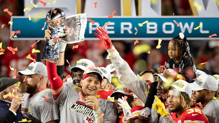 Super Bowl 54: Kansas City Chiefs quarterback Patrick Mahomes celebrates with the Vince Lombardi Trophy after the Super Bowl win over the 49ers at Hard Rock Stadium in Miami Gardens, on Feb. 2, 2020.