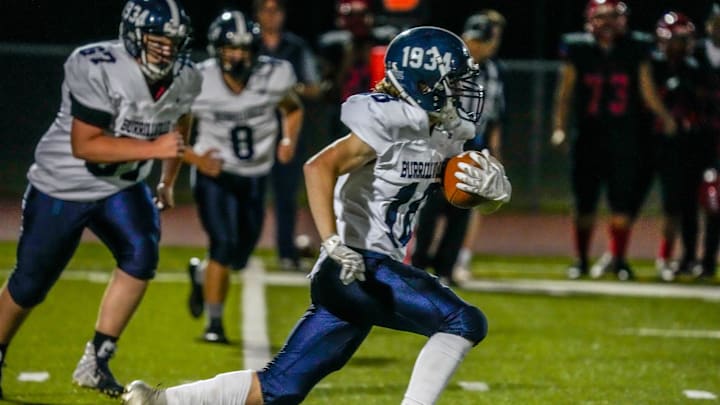 Kilties outmatched by Burrillville in Thursday night football. Joseph Marcoccio on a second half drive for Burrillville.