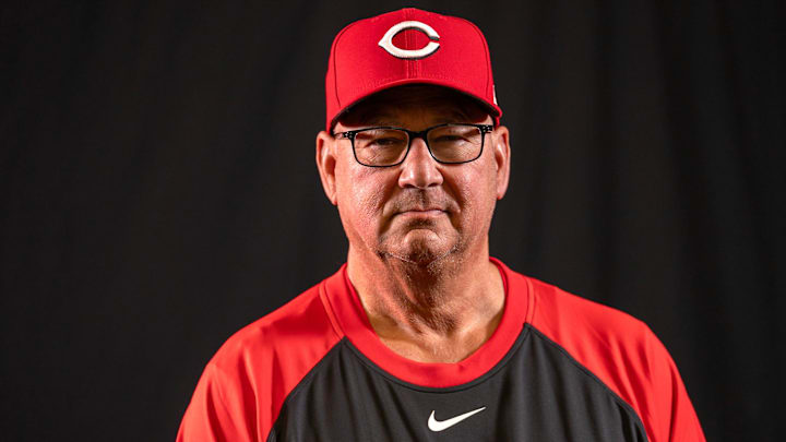 Cincinnati Reds manager Terry Francona (77) poses for a portrait during the Cincinnati Reds picture day, Tuesday, Feb. 17, 2026, at the Cincinnati Reds player development complex in Goodyear, Ariz.
