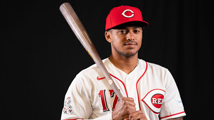 Cincinnati Reds outfielder Dane Myers (17) poses for a portrait during the Cincinnati Reds picture day, Tuesday, Feb. 17, 2026, at the Cincinnati Reds player development complex in Goodyear, Ariz.