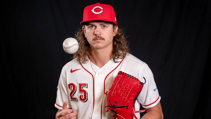 Cincinnati Reds pitcher Rhett Lowder (25) poses for a portrait during the Cincinnati Reds picture day, Tuesday, Feb. 17, 2026, at the Cincinnati Reds player development complex in Goodyear, Ariz.