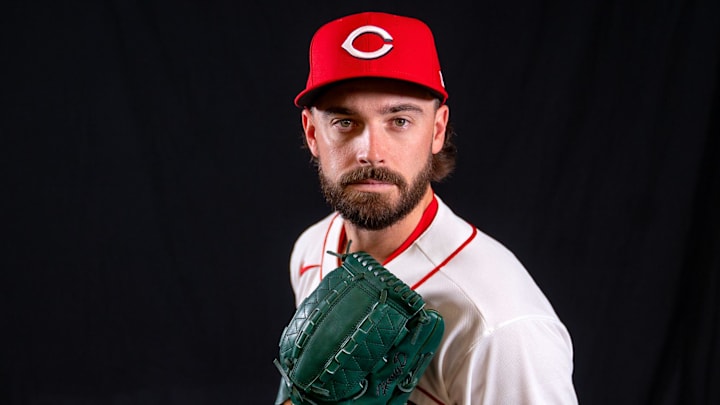 Cincinnati Reds pitcher Hagen Danner (81) poses for a portrait during the Cincinnati Reds picture day, Tuesday, Feb. 17, 2026, at the Cincinnati Reds player development complex in Goodyear, Ariz.