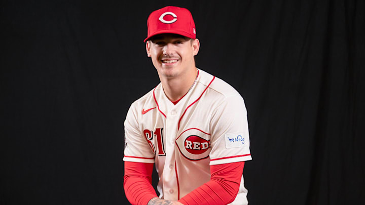 Cincinnati Reds pitcher Chase Petty (61) poses for a portrait during the Cincinnati Reds picture day, Tuesday, Feb. 17, 2026, at the Cincinnati Reds player development complex in Goodyear, Ariz.