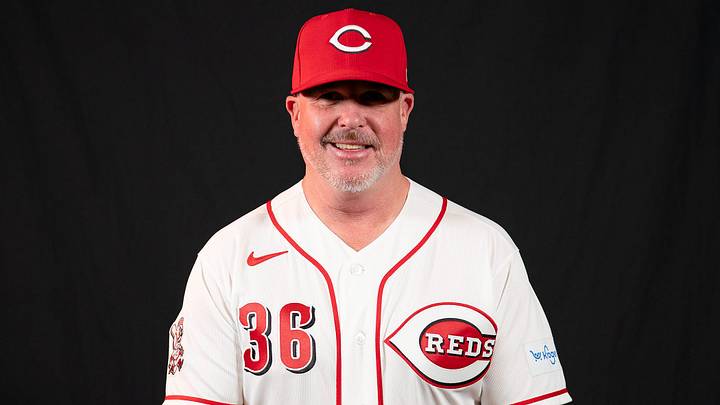 Cincinnait Reds pitching coach Derek Johnson (36) poses for a portrait during the Cincinnati Reds picture day, Tuesday, Feb. 17, 2026, at the Cincinnati Reds player development complex in Goodyear, Ariz.