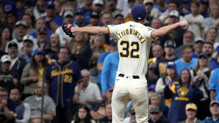 Milwaukee Brewers pitcher Jacob Misiorowski (32) celebrates after getting out Chicago Cubs catcher Carson Kelly (15) for the 3rd out during the third inning of the National League Division Series game at American Family Field in Milwaukee, Wisconsin on Oct. 6, 2025. Milwaukee Brewers pitcher Jacob Misiorowski (32) celebrates after getting out Chicago Cubs catcher Carson Kelly (15) for the 3rd out during the third inning of the National League Division Series game at American Family Field in Milwaukee, Wisconsin on Oct. 6, 2025.