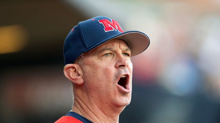Ole Miss head coach Mike Bianco (5) shouts to his players during the Governor's Cup game against Ole Miss head coach Mike Bianco (5) shouts to his players during the Governor's Cup game against