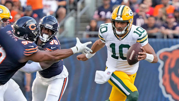 Green Bay Packers quarterback Jordan Love (10) looks to pass during second half of their game against the Chicago Bears on Sunday, Sept. 10, 2023 at Soldier Field in Chicago.