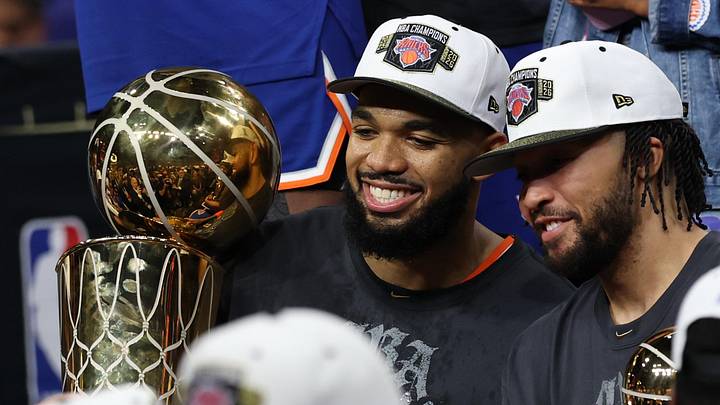 Jun 13, 2026; San Antonio, Texas, USA; New York Knicks center Karl-Anthony Towns (L) holds the Larry O'Brien championship trophy as Knicks guard Jalen Brunson (R) holds the Finals MVP trophy after game five of the 2026 NBA Finals against the San Antonio Spurs at Frost Bank Center. Jun 13, 2026; San Antonio, Texas, USA; New York Knicks center Karl-Anthony Towns (L) holds the Larry O'Brien championship trophy as Knicks guard Jalen Brunson (R) holds the Finals MVP trophy after game five of the 2026 NBA Finals against the San Antonio Spurs at Frost Bank Center.