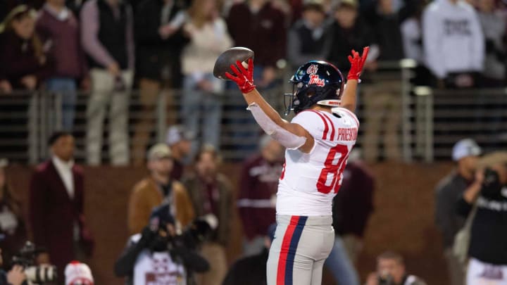 Ole Miss TE Caden Prieskorn (86) celebrates after a touchdown against Mississippi State during the second half of the Egg Bowl at Davis Wade Stadium in Starkville, Miss., Thursday, Nov. 23, 2023. Ole Miss TE Caden Prieskorn (86) celebrates after a touchdown against Mississippi State during the second half of the Egg Bowl at Davis Wade Stadium in Starkville, Miss., Thursday, Nov. 23, 2023.