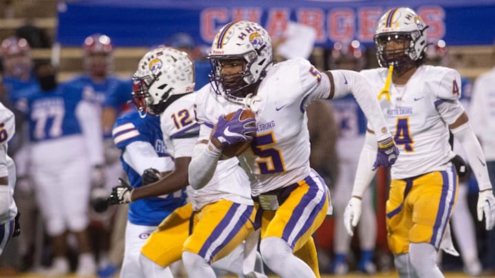 Hattiesburg's Tristen Keys (5) returns for the Tigers during play against Grenada in the MHSAA 6A championship game in Hattiesburg, Miss., Saturday, Dec. 7, 2024.