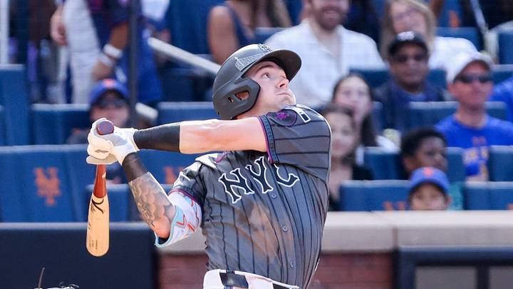 Aug 15, 2026; New York City, New York, USA; New York Mets center fielder A.J. Ewing (9) at bat against the Washington Nationals during the second inning at Citi Field. Mandatory Credit: Tom Horak-Imagn Images