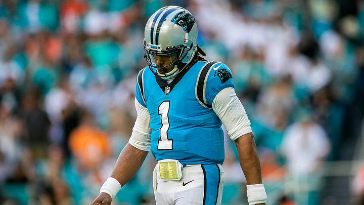 Carolina Panthers quarterback Cam Newton (1), walks off the field dejected after being tackled at the one yard line but he Dolphins defense during NFL game at Hard Rock Stadium Sunday in Miami Gardens. Carolina Panthers quarterback Cam Newton (1), walks off the field dejected after being tackled at the one yard line but he Dolphins defense during NFL game at Hard Rock Stadium Sunday in Miami Gardens.
