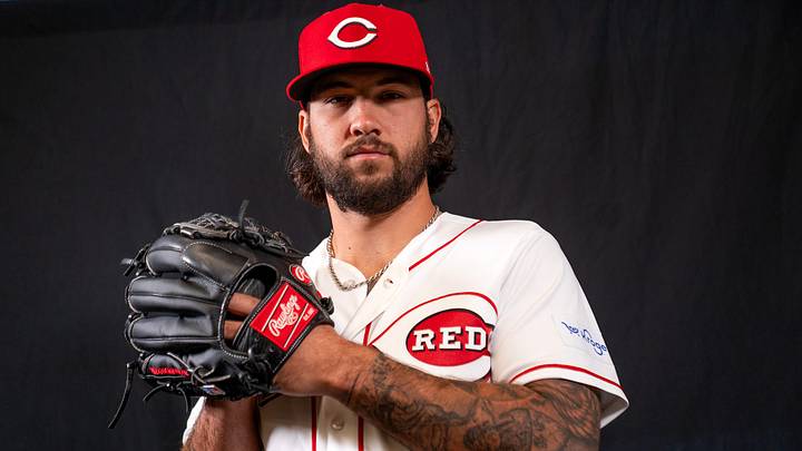 Cincinnati Reds pitcher Lyon Richardson (72) poses for a portrait during the Cincinnati Reds picture day, Tuesday, Feb. 17, 2026, at the Cincinnati Reds player development complex in Goodyear, Ariz.