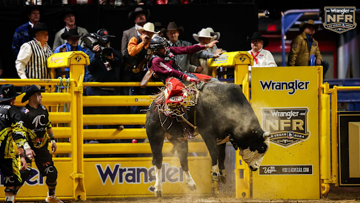 Cooper James rides a bucking bull at the 2024 National Finals Rodeo Cooper James rides a bucking bull at the 2024 National Finals Rodeo