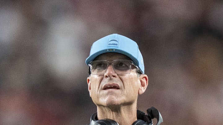 Los Angeles Chargers head coach Jim Harbaugh (hc) during the third quarter against the San Francisco 49ers