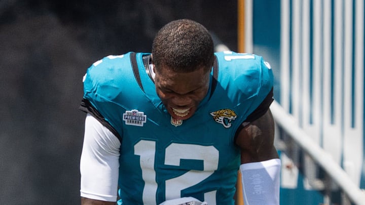 Jacksonville Jaguars wide receiver Travis Hunter (12) screams as he comes out of the tunnel before the start of an NFL football game between the Carolina Panthers at Jacksonville Jaguars at EverBank Stadium Sunday September 7, 2025. [Doug Engle/Florida Times-Union]