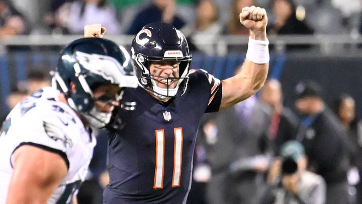 Chicago Bears quarterback Case Keenum (11) reacts after a first down was made by running back D'Andre Swift (not pictured) during the second half against the Philadelphia Eagles at Soldier Field. Mandatory Credit: Matt Marton-Imagn Images Chicago Bears quarterback Case Keenum (11) reacts after a first down was made by running back D'Andre Swift (not pictured) during the second half against the Philadelphia Eagles at Soldier Field. Mandatory Credit: Matt Marton-Imagn Images
