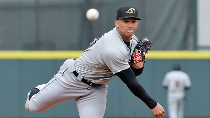Akron RubberDucks pitcher Daniel Espino warms up between innings against the Erie SeaWolves at UPMC Park in Erie on April 9, 2022 Akron RubberDucks pitcher Daniel Espino warms up between innings against the Erie SeaWolves at UPMC Park in Erie on April 9, 2022