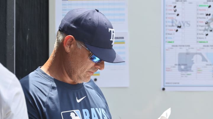 Jun 6, 2025; St. Petersburg, Florida, USA; Tampa Bay Rays manager Kevin Cash (16) looks on in the dugout against the Miami Marlins at George M. Steinbrenner Field. 