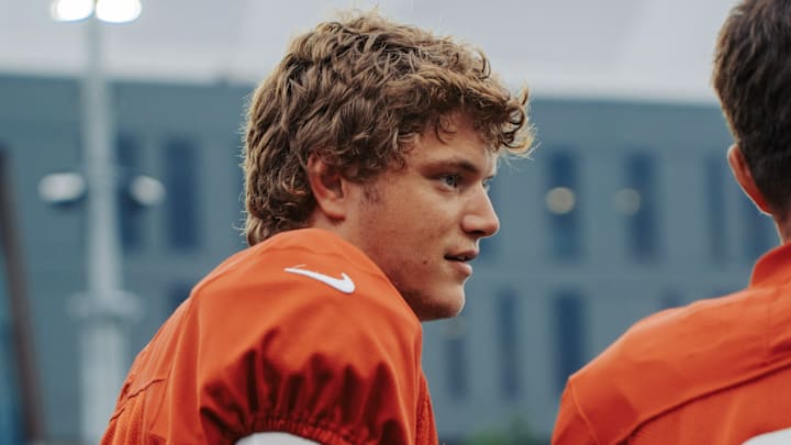 Minnesota Vikings QB J.J. McCarthy at the team's annual training camp night practice. 